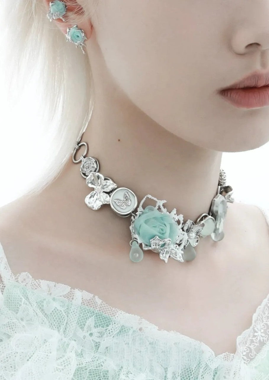 Fabric rose button choker necklace B2978