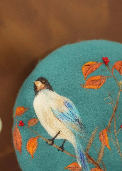 Handmade wool felt flower and bird pattern elegant beret B3402