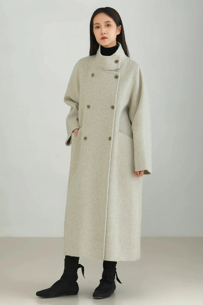 Wool stand-up collar long coat B3449