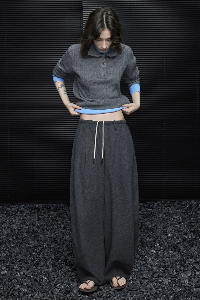 Gray wool blend straight wide loose pants B3568