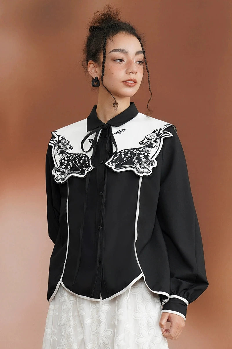 Moonlight Deer Embroidery Retro Fake Collar Blouse B3385 