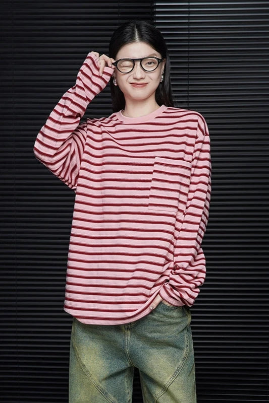 Pink striped loose long sleeve T-shirt B3300