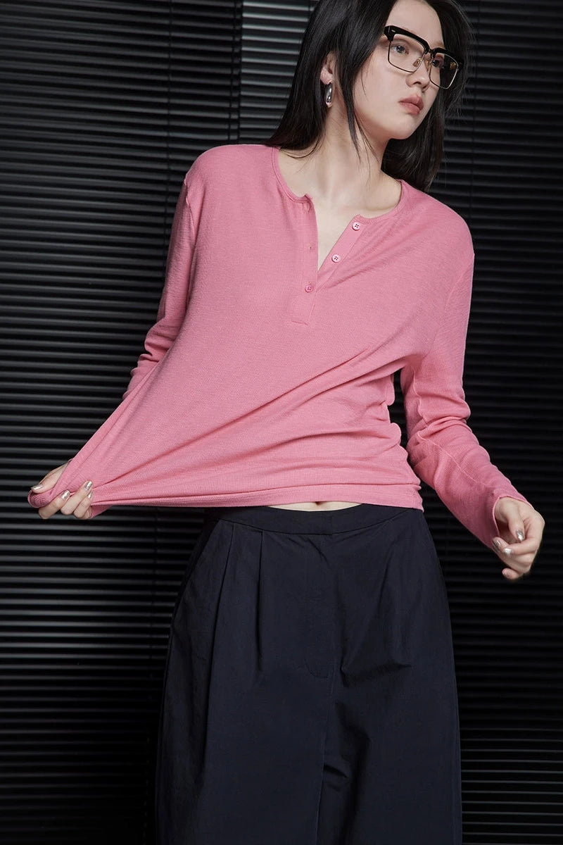 Pink slim knit long sleeve T-shirt B3306