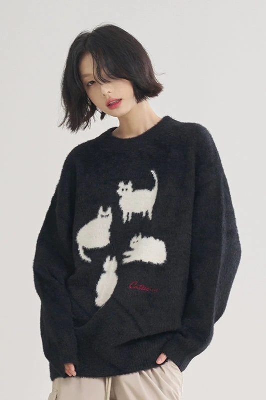 Unisex 4 White Cats Loose Sweater B3498