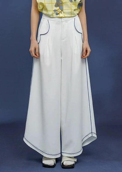 Blue stitch white wide pants B3004