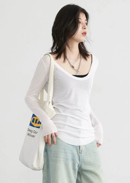 Tencel U-neck long sleeve T-shirt B3183