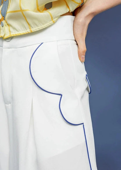 Blue stitch white wide pants B3004