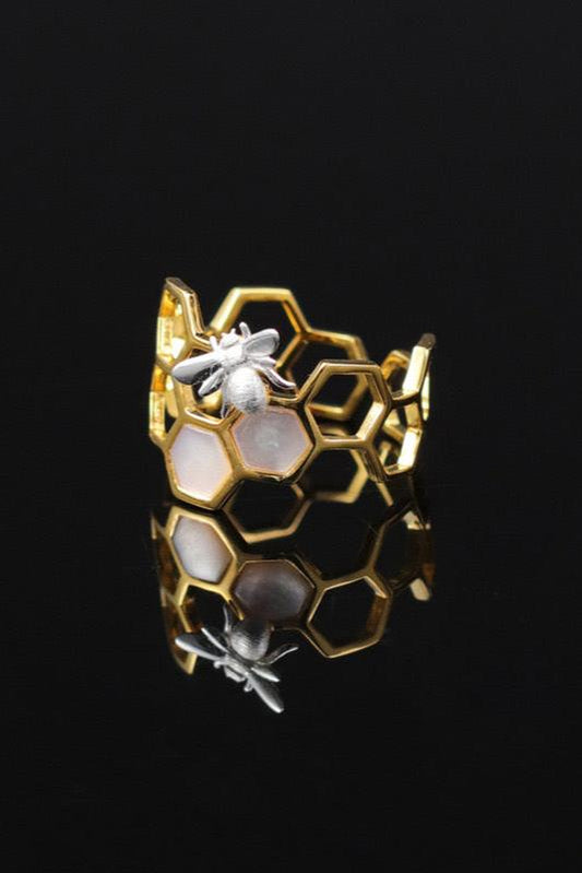 S925 Art Honeycomb Bee Design Open Ring B3550