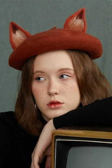 Handmade wool felt artist beret with fox ears B3398