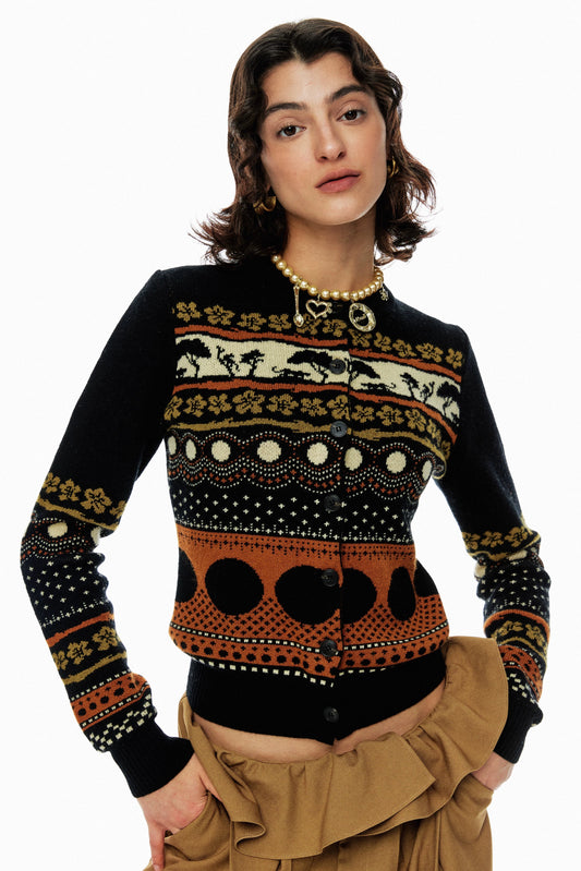 Black and orange jacquard wool blend cardigan B3592