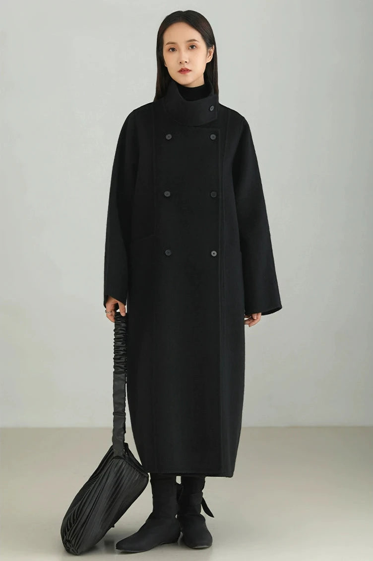 Wool stand-up collar long coat B3449