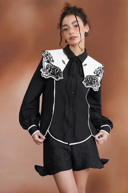 Moonlight Deer Embroidery Retro Fake Collar Blouse B3385 