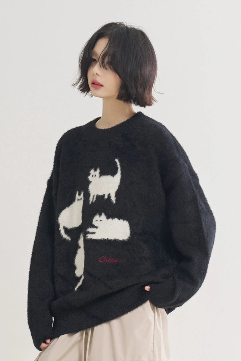 Unisex 4 White Cats Loose Sweater B3498