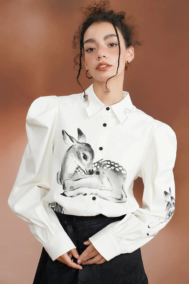 Hand-drawn illustration deer print irregular shirt B3383