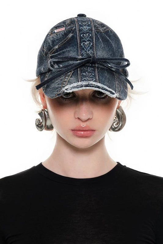 Heavy washed denim print cap B3329