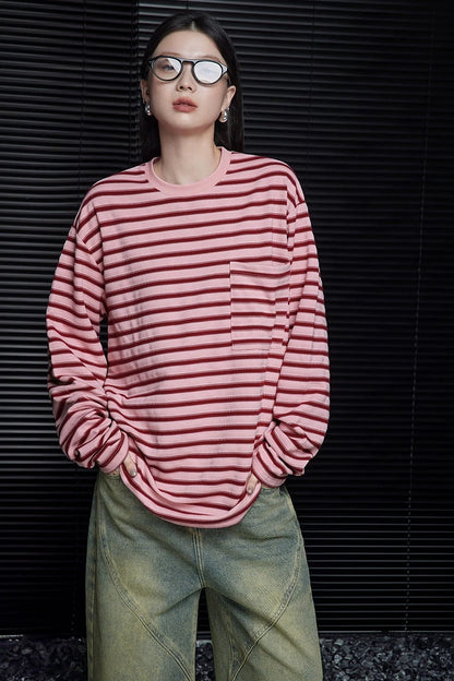 Pink striped loose long sleeve T-shirt B3300