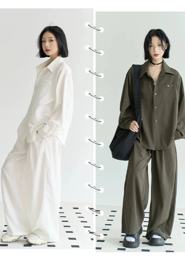 Plain set: Loose shirt jacket + wide loose pants B3350