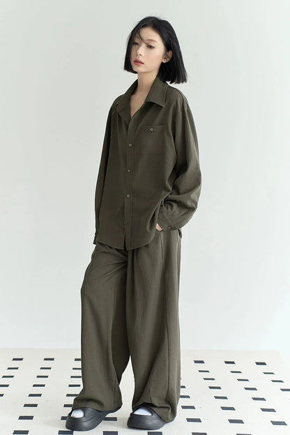 Plain set: Loose shirt jacket + wide loose pants B3350