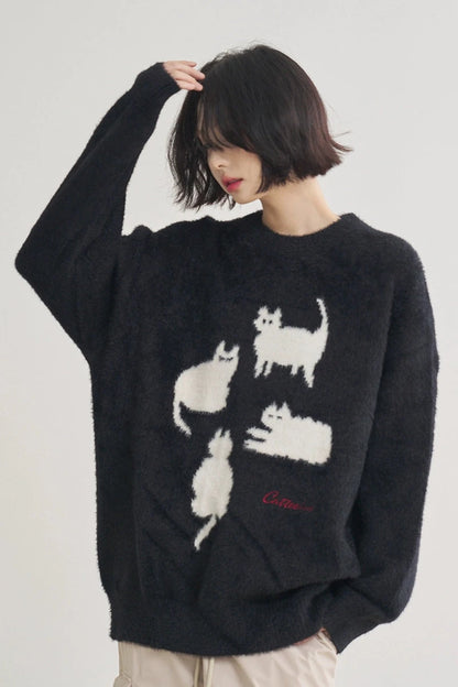 Unisex 4 White Cats Loose Sweater B3498