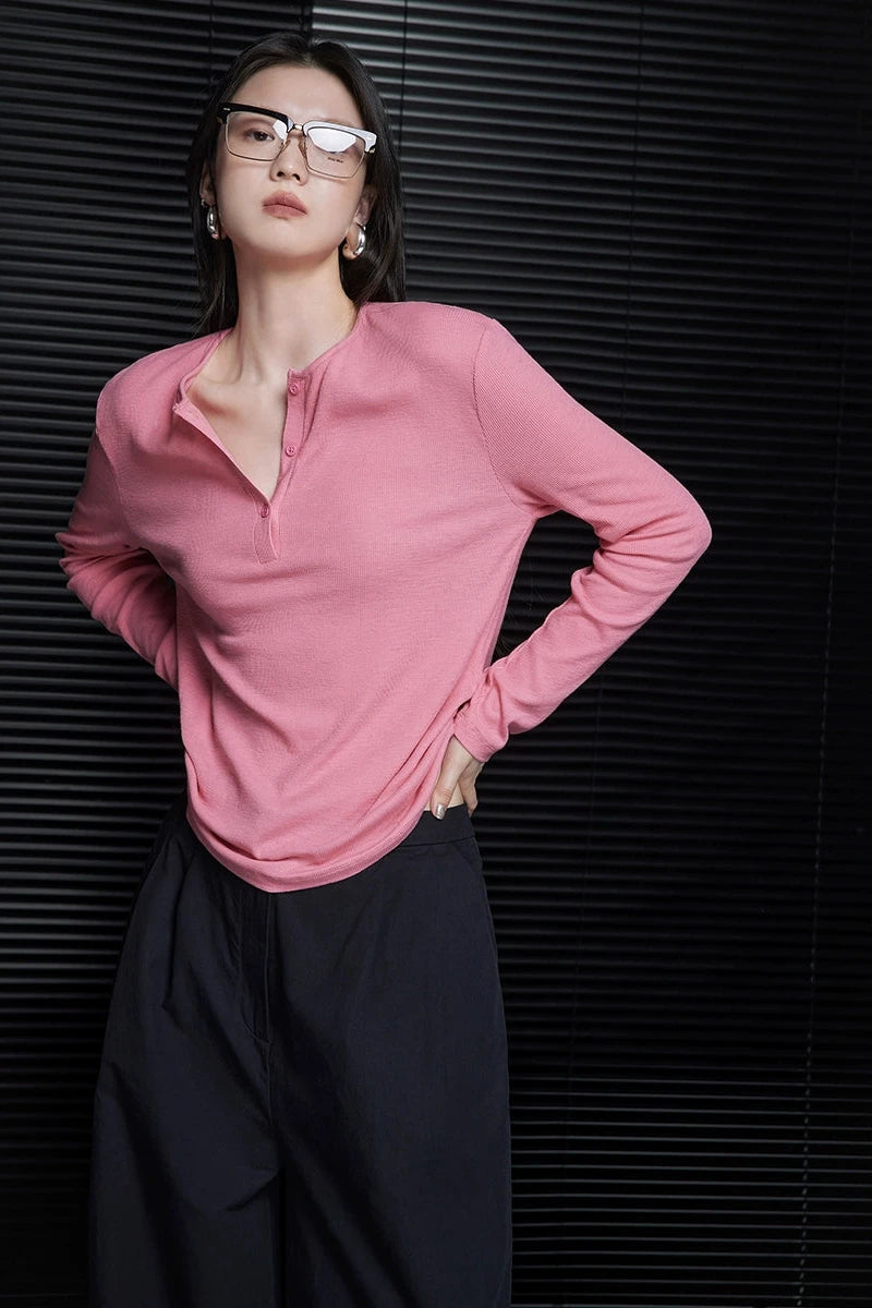 Pink slim knit long sleeve T-shirt B3306