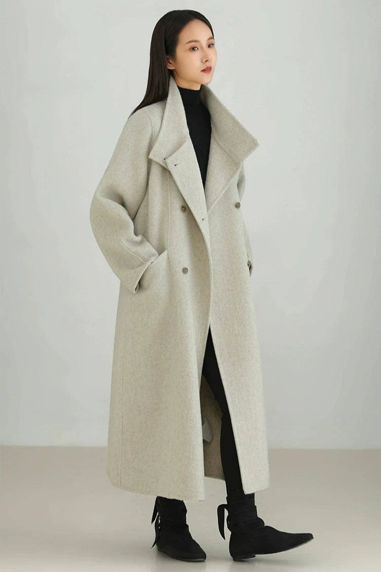 Wool stand-up collar long coat B3449