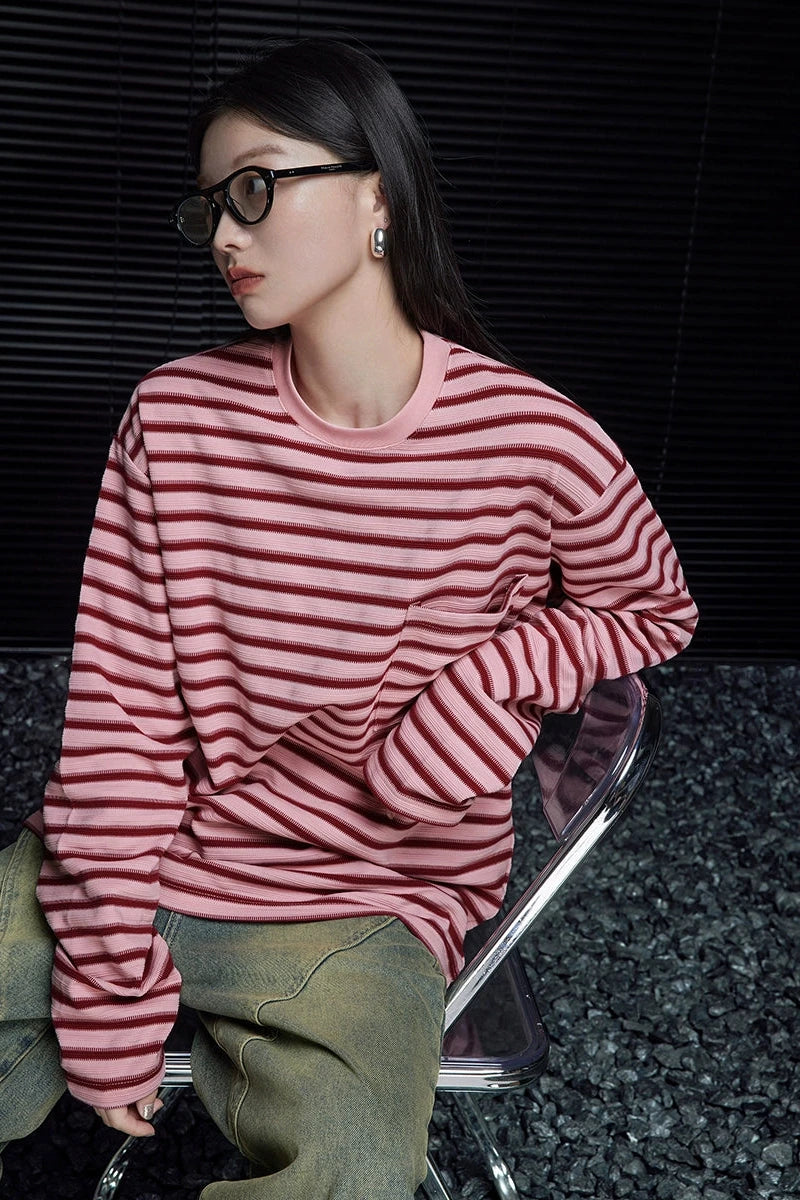 Pink striped loose long sleeve T-shirt B3300