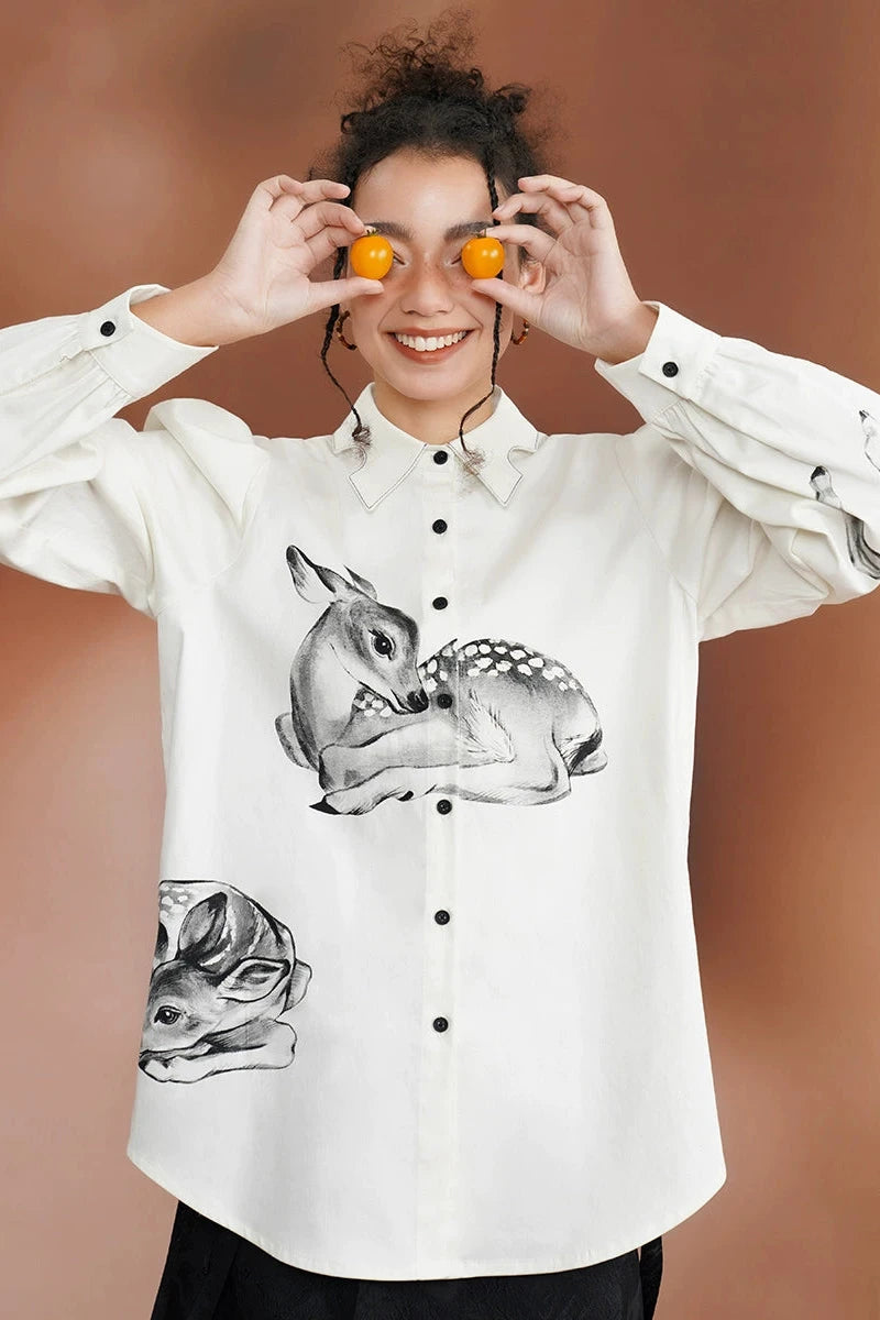 Hand-drawn illustration deer print irregular shirt B3383