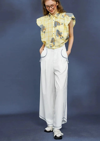 Blue stitch white wide pants B3004