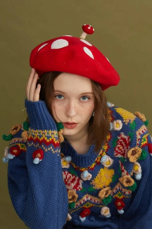 Handmade wool felt mushroom motif artist beret B3393