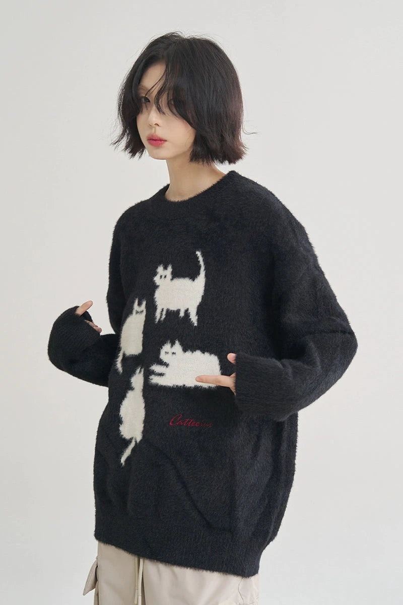 Unisex 4 White Cats Loose Sweater B3498