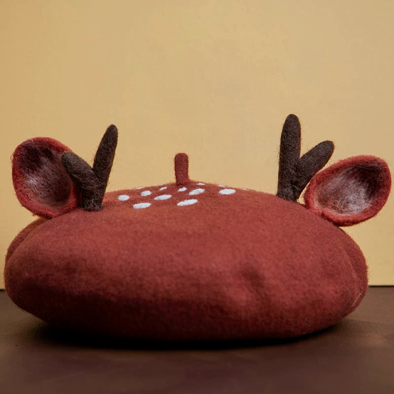 Felt wool artist beret with antlers and ears B3389