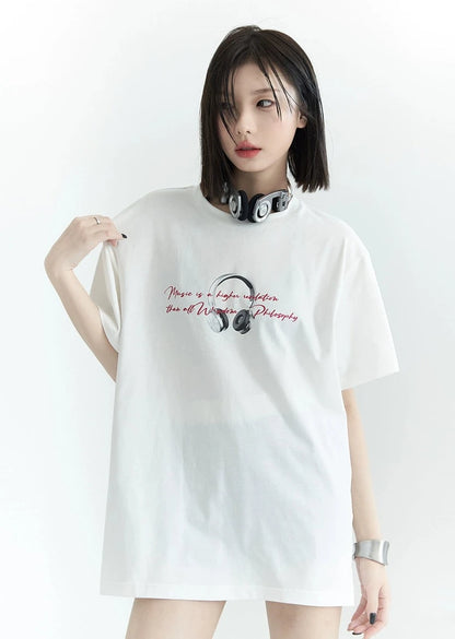 ヘッドフォンプリントルーズTシャツ　B2808