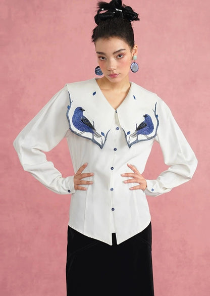 Blue feather embroidery blouse B2702