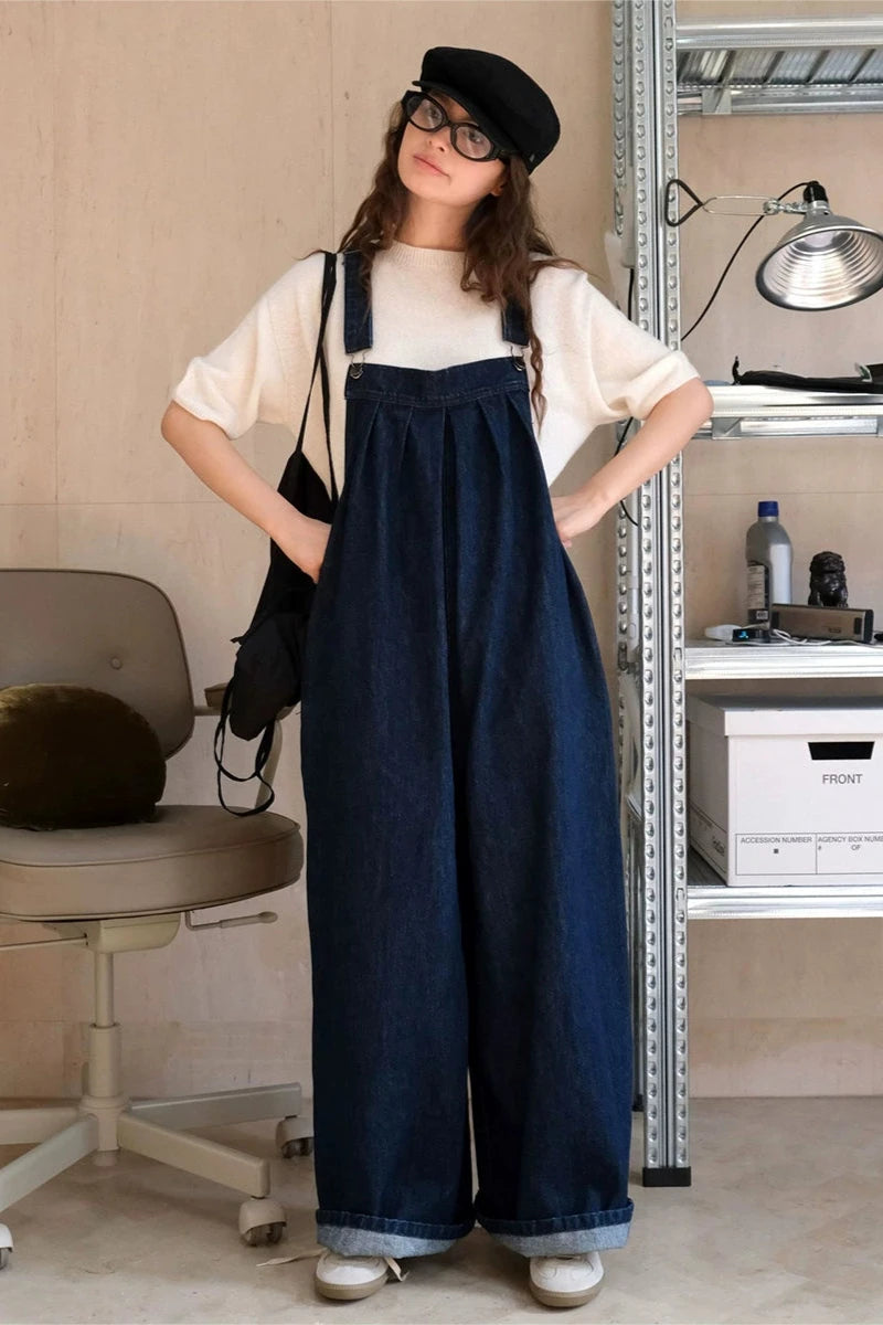 Retro wide leg denim overalls B3355