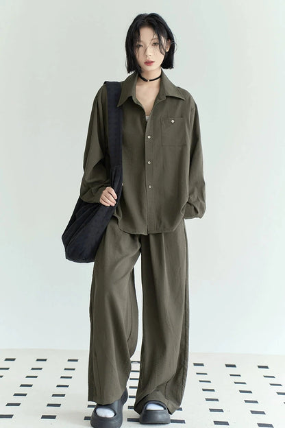 Plain set: Loose shirt jacket + wide loose pants B3350