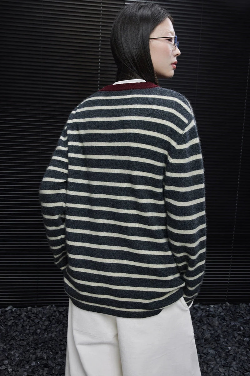 Grey apricot striped wool sweater B3438