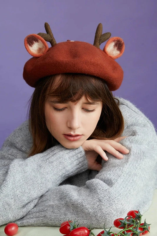 Felt wool artist beret with antlers and ears B3389