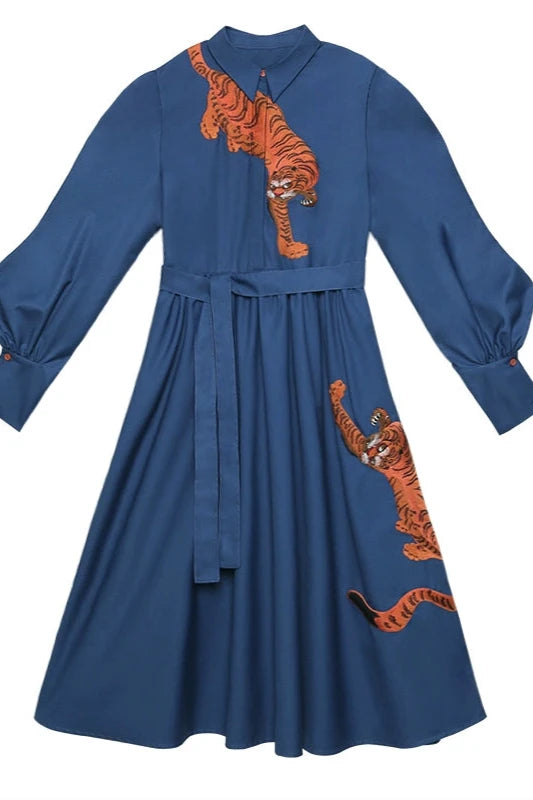 Twin tiger embroidered blue dress B3368