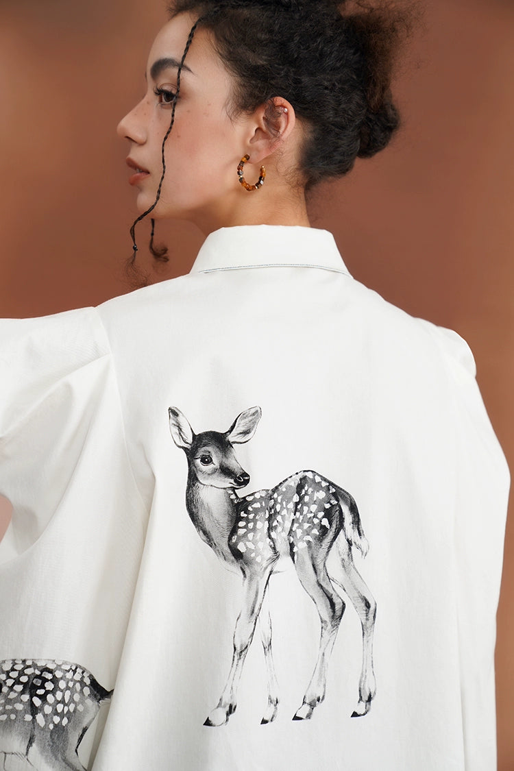 Hand-drawn illustration deer print irregular shirt B3383