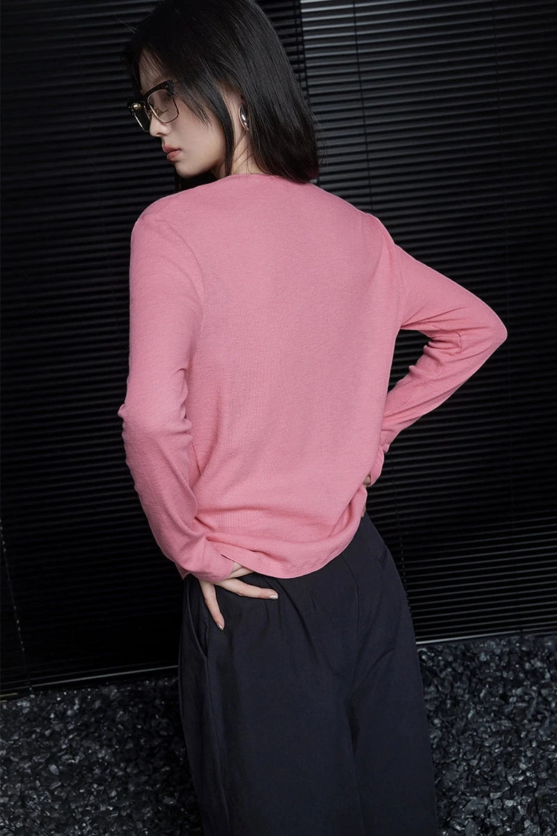 Pink slim knit long sleeve T-shirt B3306