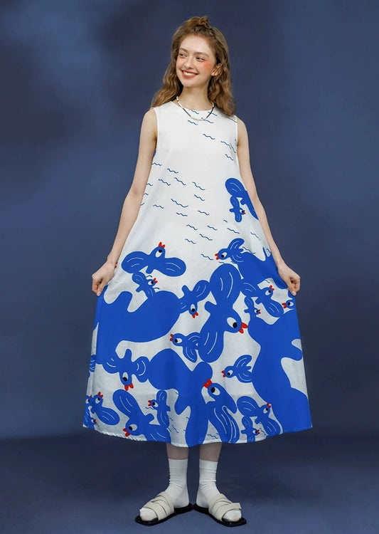 Blue Bird Hand-drawn Illustration Art Print Dress B3001