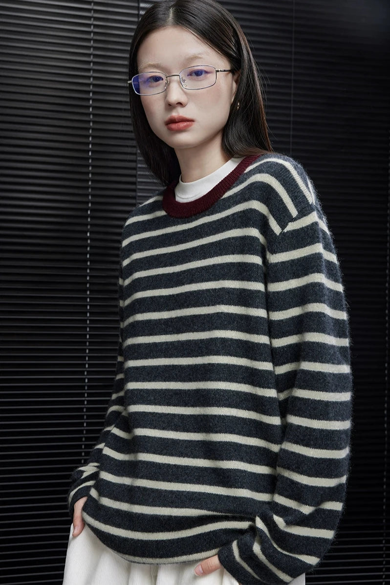 Grey apricot striped wool sweater B3438