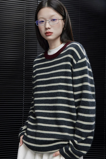 Grey apricot striped wool sweater B3438