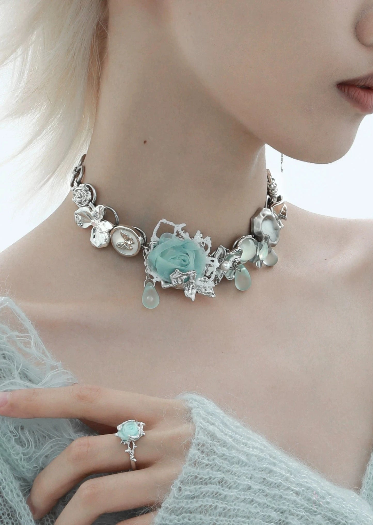 Fabric rose button choker necklace B2978