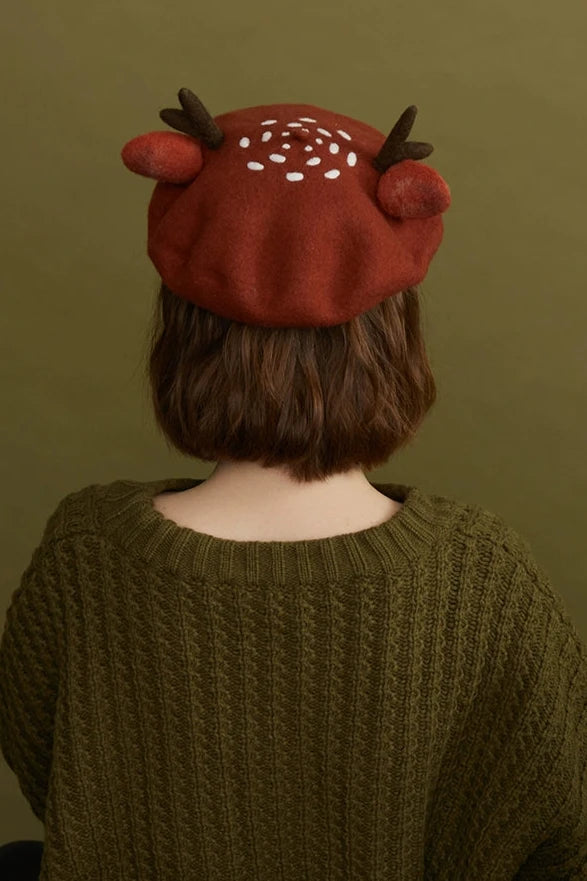 Felt wool artist beret with antlers and ears B3389