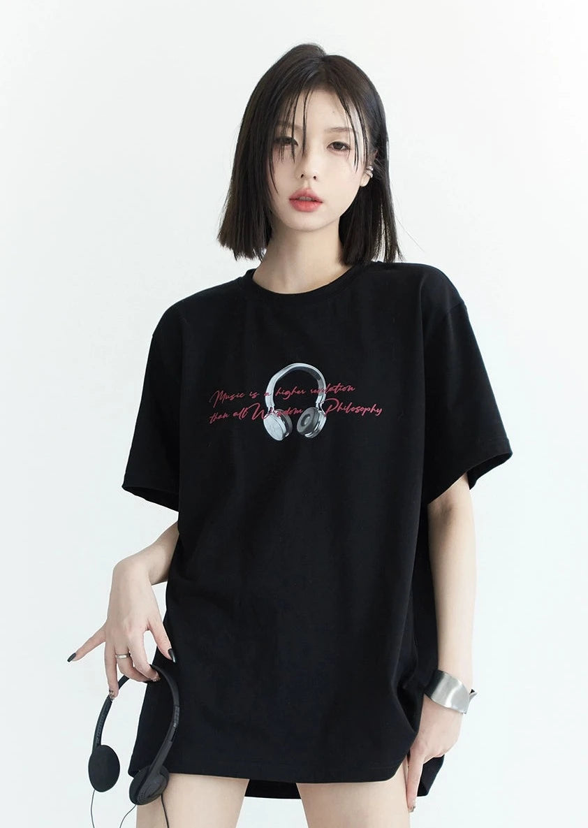 ヘッドフォンプリントルーズTシャツ　B2808