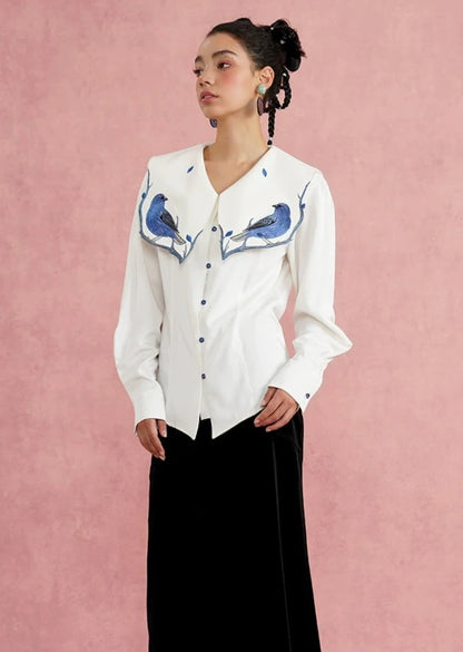 Blue feather embroidery blouse B2702