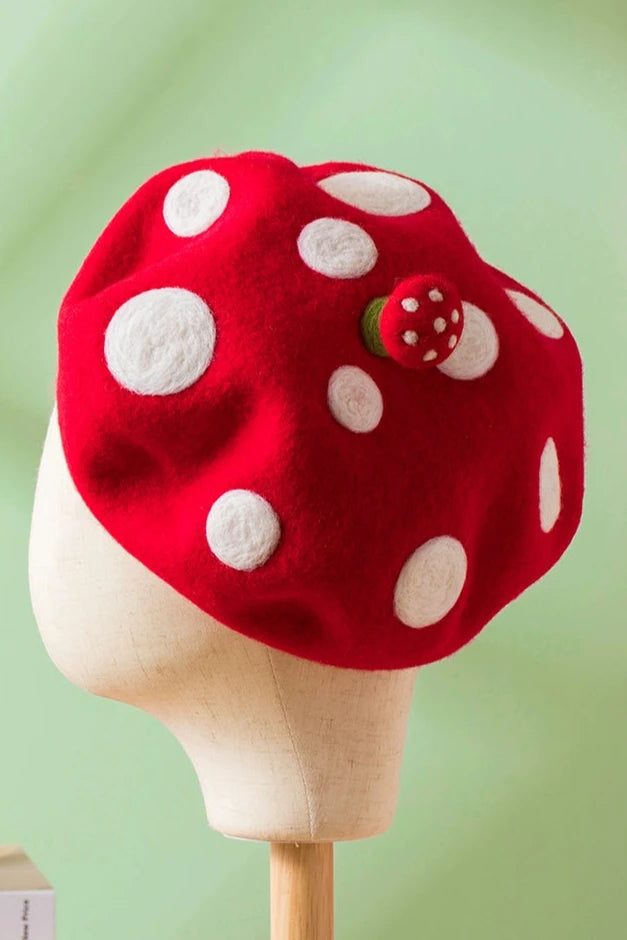 Handmade wool felt mushroom motif artist beret B3393