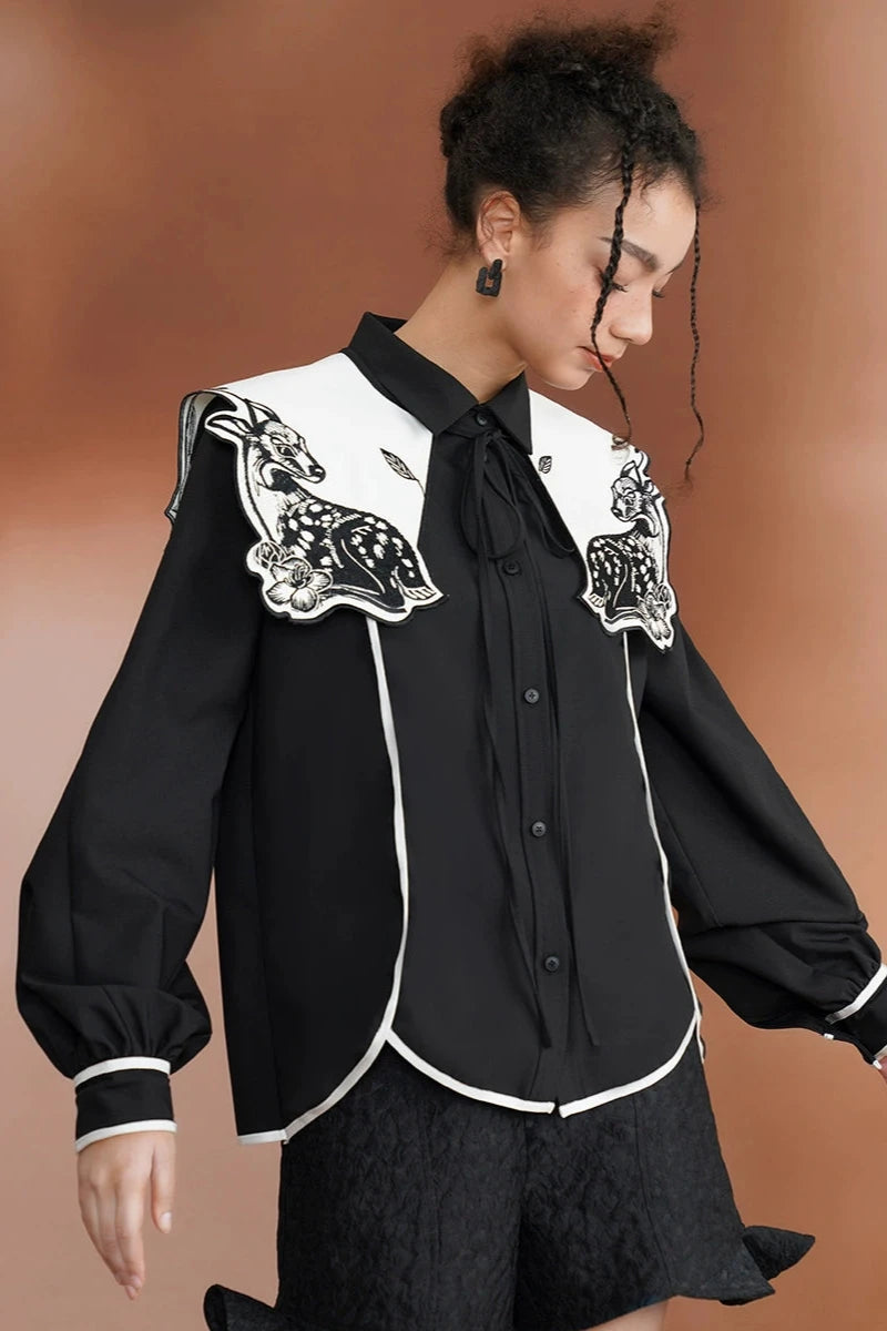 Moonlight Deer Embroidery Retro Fake Collar Blouse B3385 