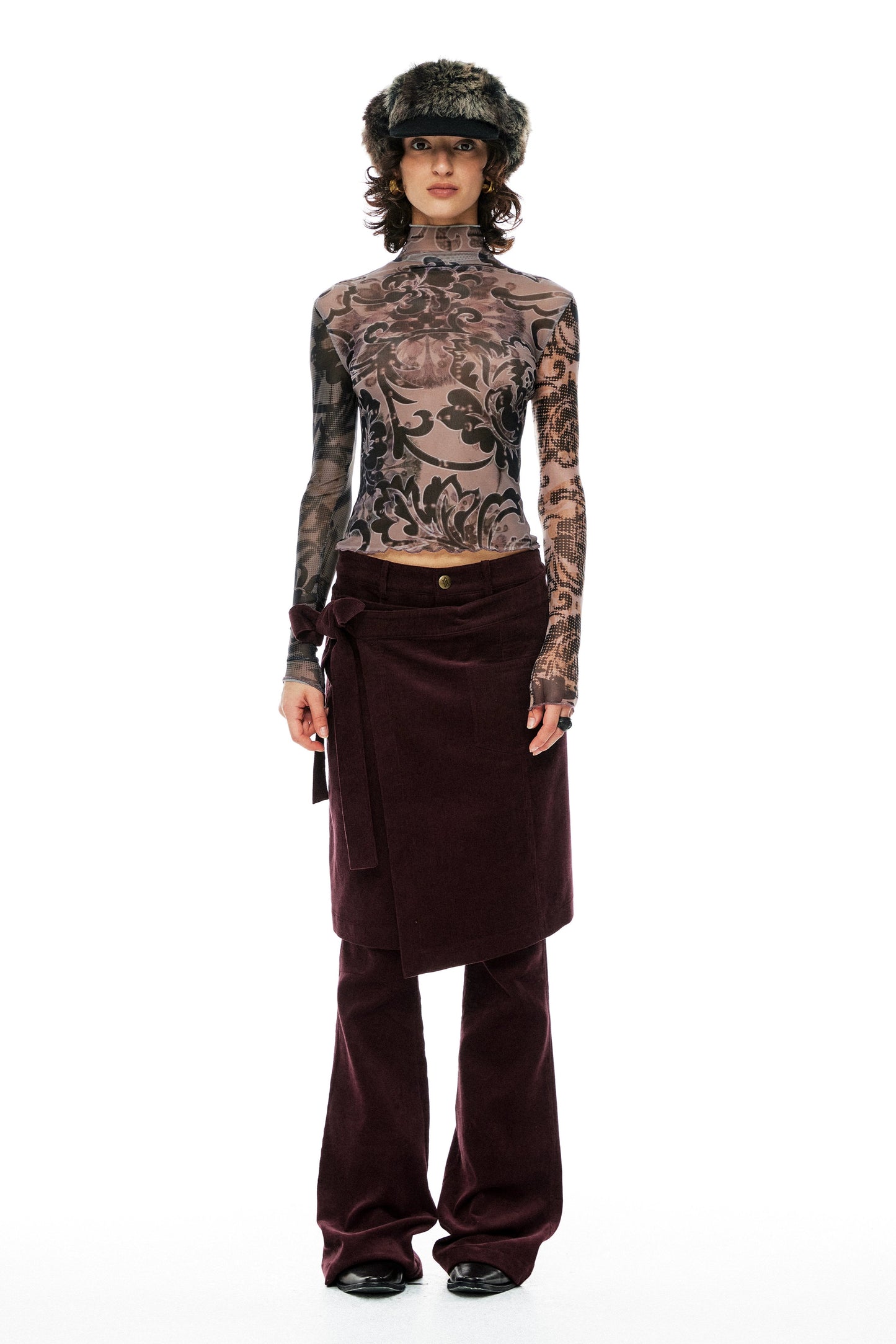 Burgundy corduroy pants with removable skirt B3596